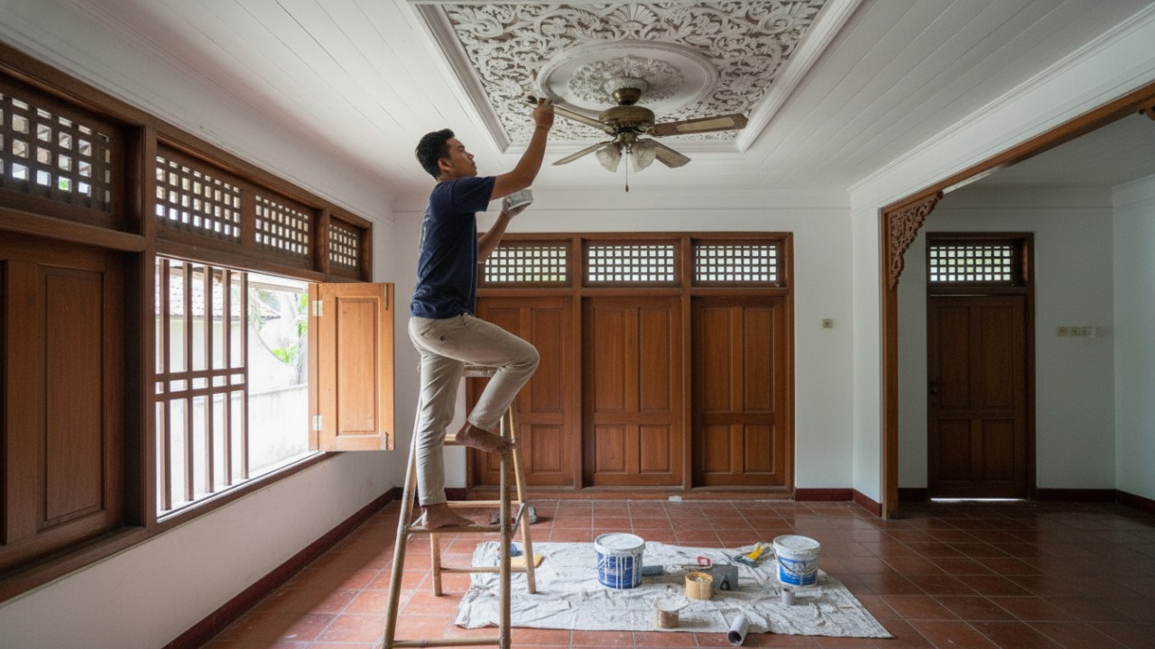 Ilustrasi perbaikan retakan kecil pada plafon rumah.