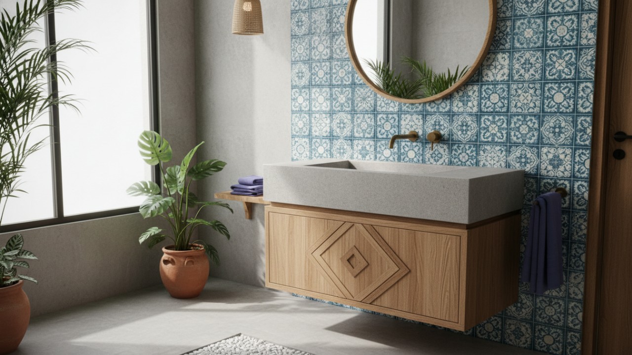 Tampilan wastafel kamar mandi minimalis modern dengan pencahayaan alami.