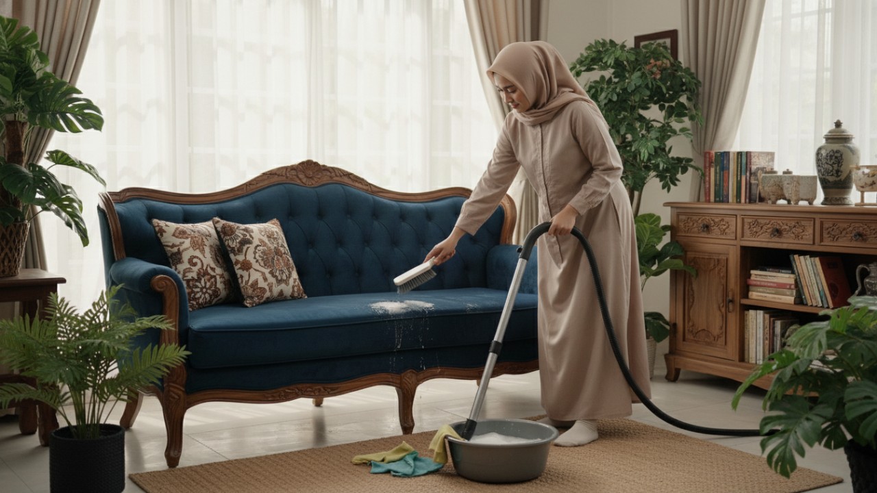 Ilustrasi sofa kain bersih di ruang tamu dengan suasana rumah yang nyaman