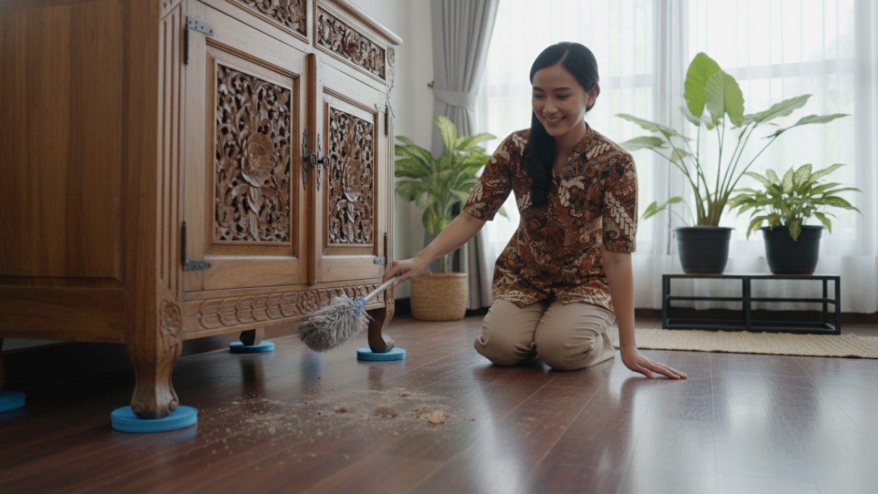 Bantalan geser terpasang di kaki furnitur berat.