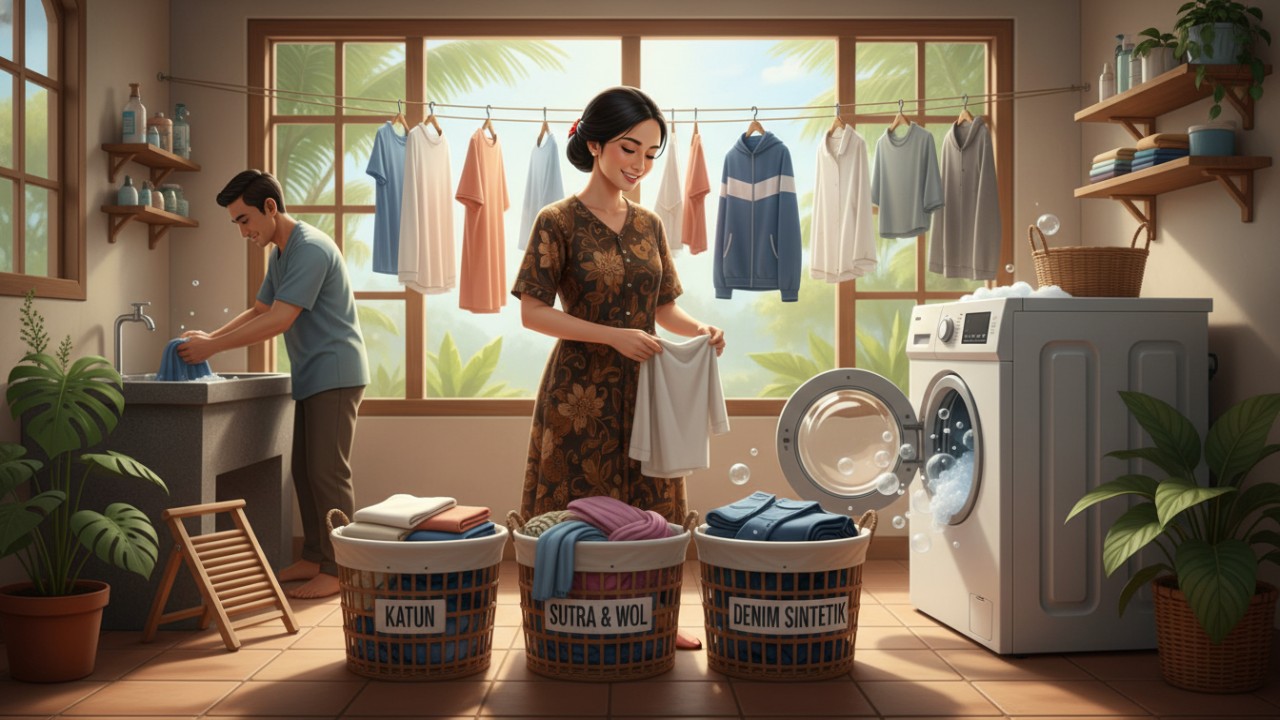 gambar proses mencuci pakaian berdasarkan jenis bahan kain di rumah.