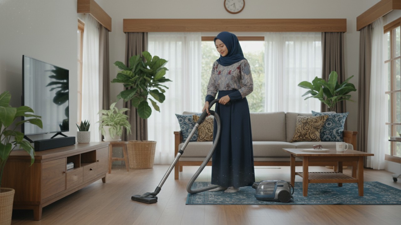 Vacuum cleaner dengan selang panjang menjangkau sudut sempit.
