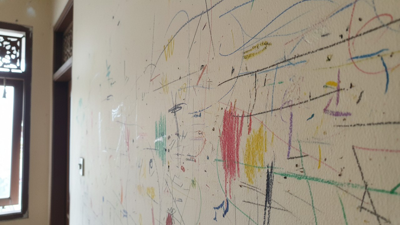Coretan di dinding dalam  rumah sering muncul tiba-tiba. Mulai dari pulpen, spidol permanen, krayon anak, sampai pensil warna. Kalau dibiarkan, dinding terlihat kusam dan bikin suasana rumah kurang ny