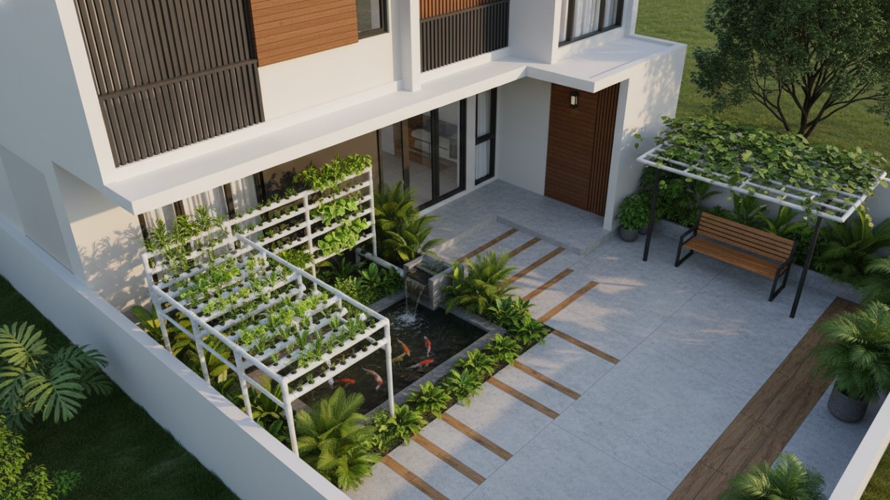 Tanaman daun hijau memperkuat kesan modern dan ringan.