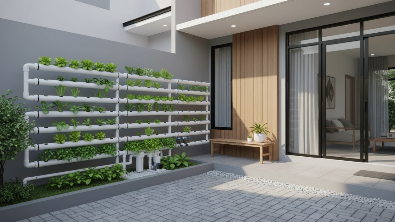 Desain hidroponik modular selaras dengan arsitektur minimalis.