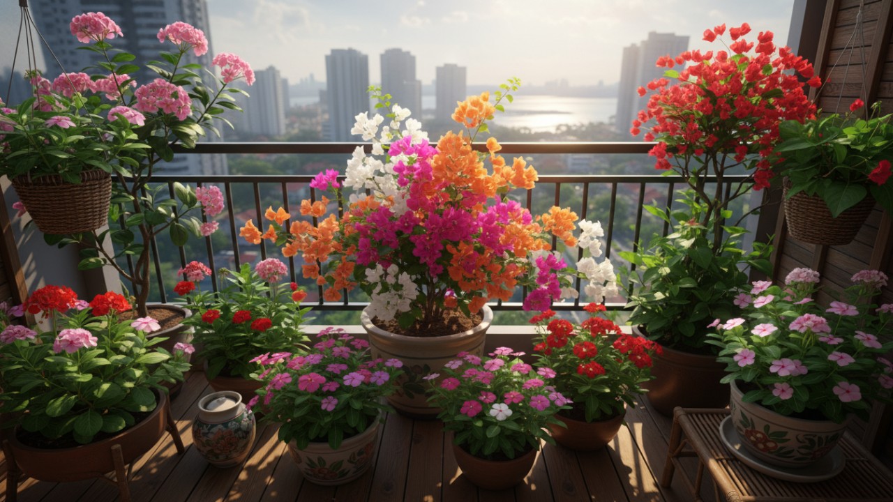 Balkon rumah dengan Bunga Kertas rimbun dan warna cerah.