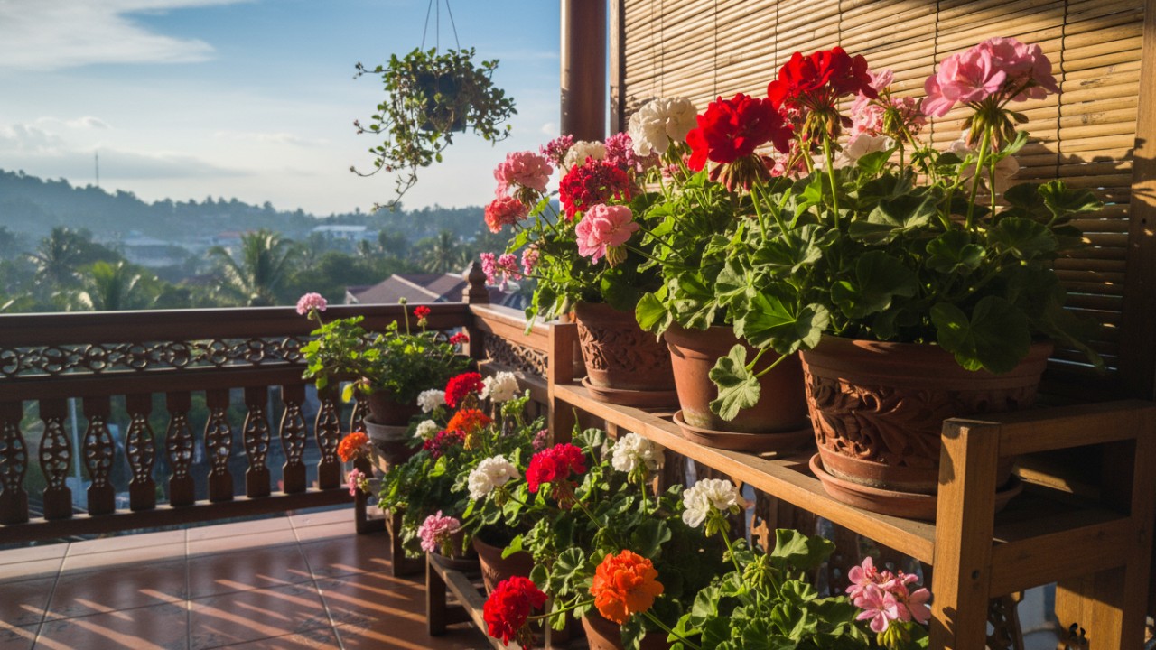 Geranium dengan pot berdrainase baik di area terang.