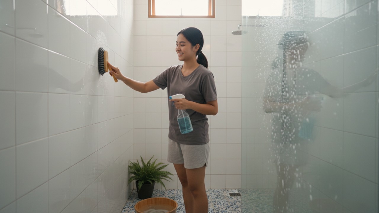membersihkan dinding kamar mandi