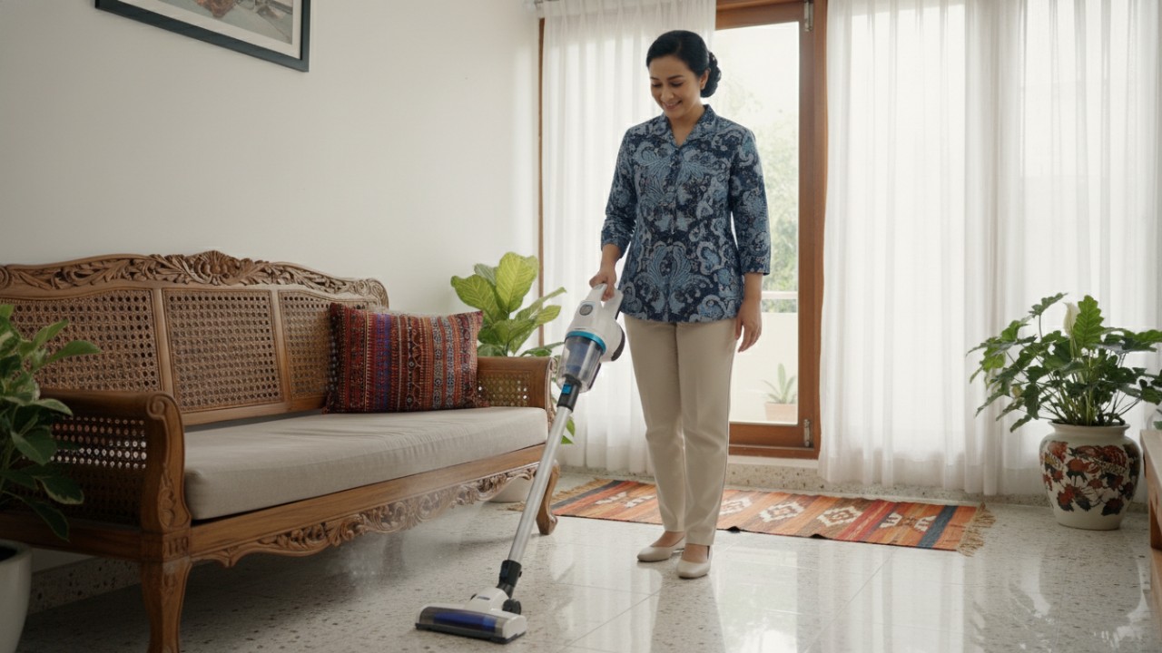 Vacuum cleaner digunakan membersihkan sudut lantai rumah.