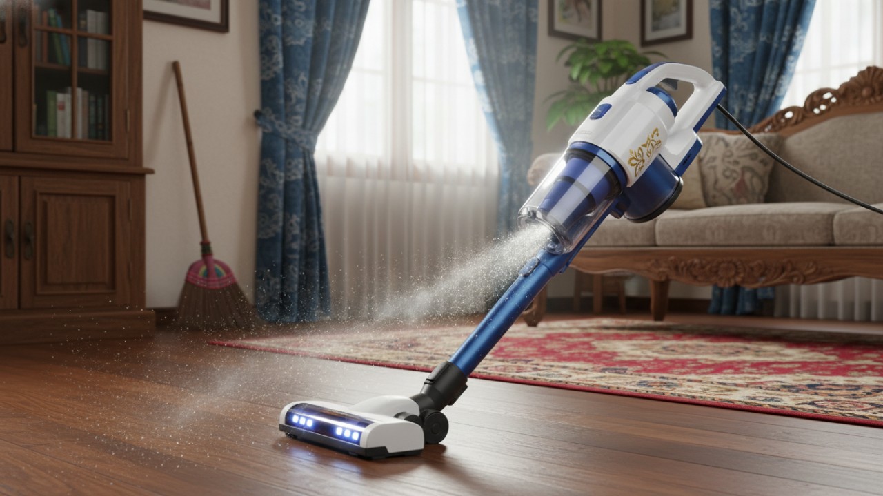 Tabung vacuum cleaner dikosongkan dengan semprotan air.