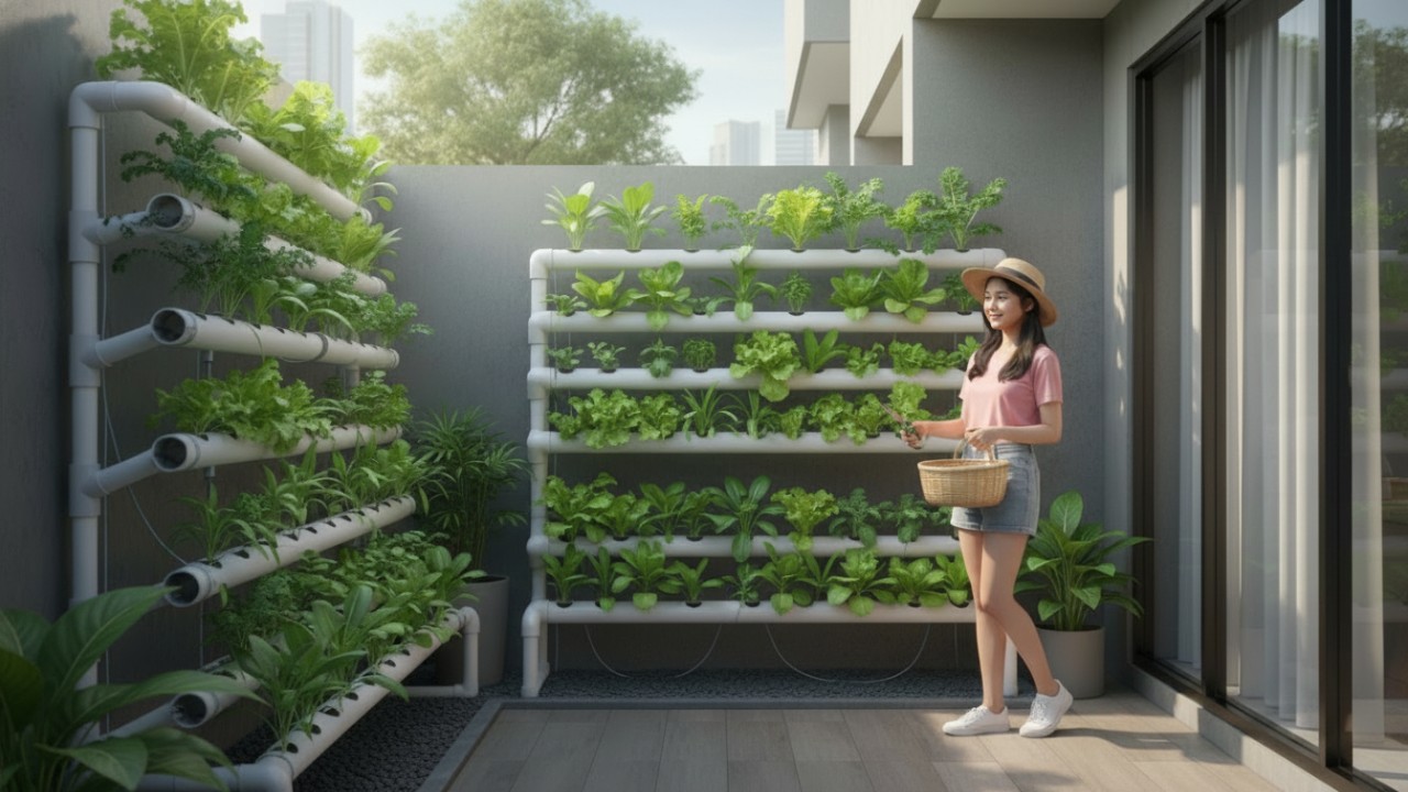 Rumah minimalis urban dengan instalasi hidroponik di halaman sebagai sumber pangan keluarga.