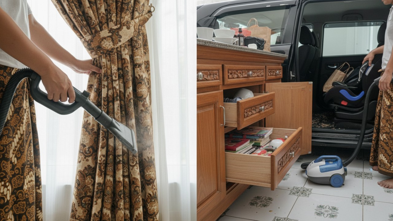 Gorden rumah dibersihkan dengan ujung vacuum khusus,Laci dan kabinet dibersihkan setelah isinya dikeluarkan.
