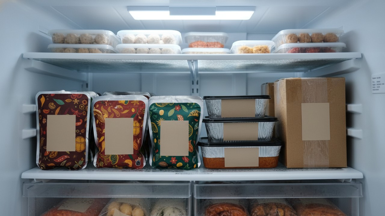 Kemasan makanan tertutup rapi di dalam freezer.