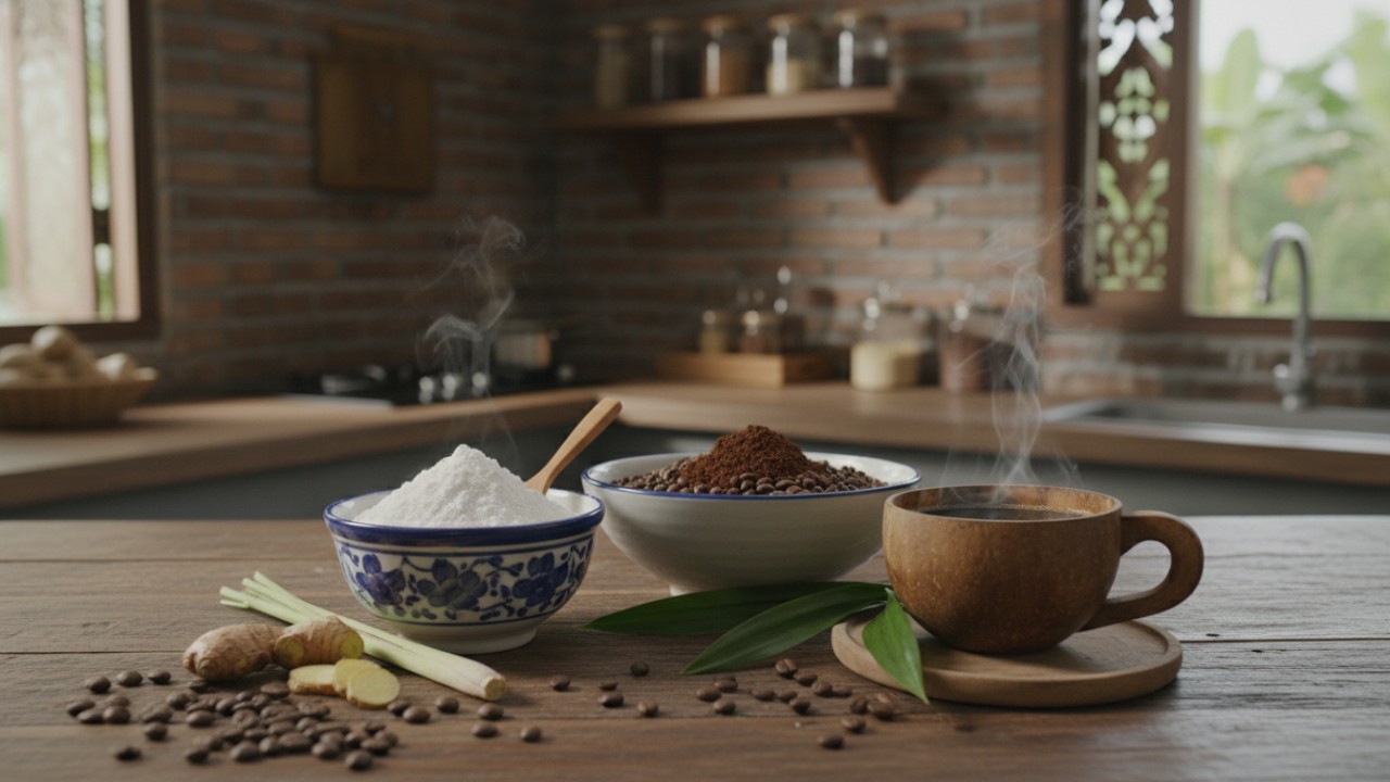 Bahan alami seperti soda kue dan kopi di dapur.