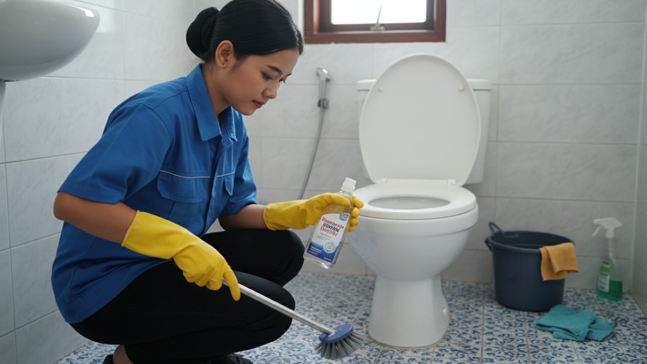 Proses membersihkan toilet sebagai langkah utama menjaga kebersihan.