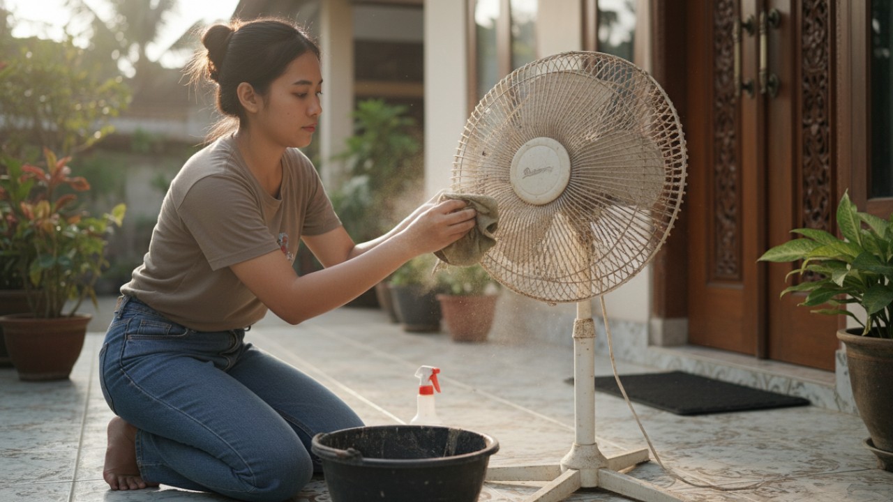 membersihkan kipas angin yang berdebu