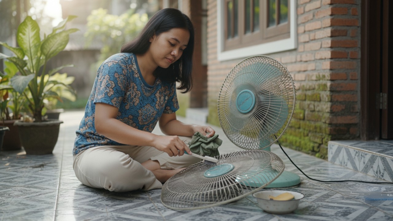 membersihkan penutup dan baling-baling kipas dengan tepat