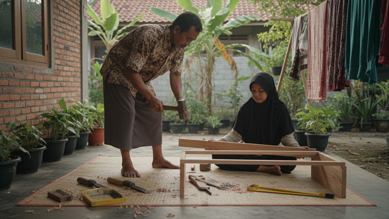 Proses perakitan jemuran kayu sederhana.