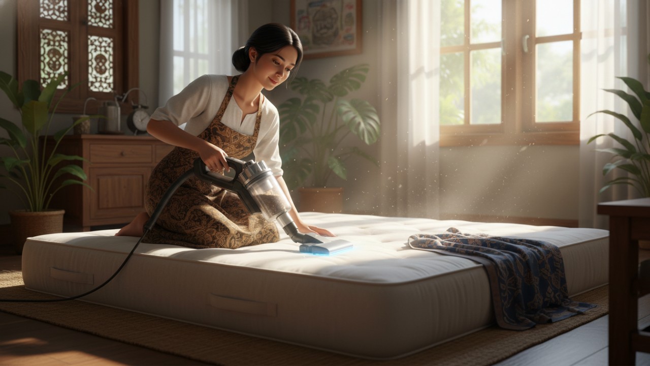 Membersihkan kasur busa dengan vacuum cleaner