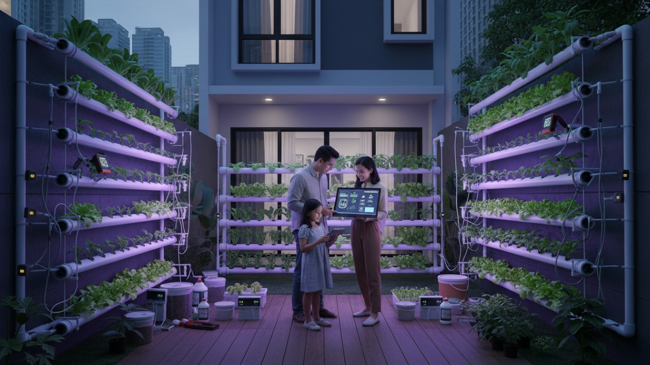 Ilustrasi sistem hidroponik modern di halaman rumah minimalis perkotaan di masa depan