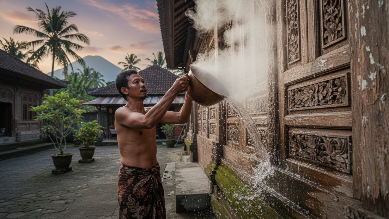 Proses menyiram air mendidih ke dinding rumah.