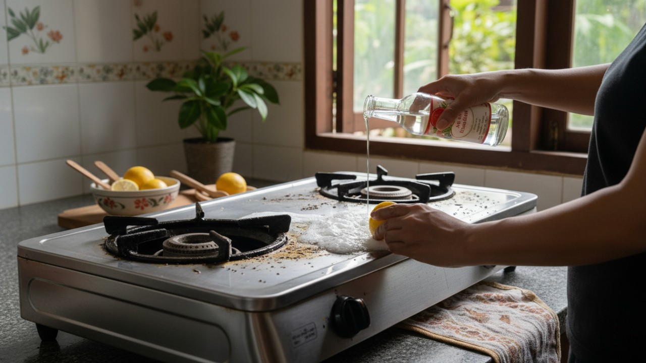 Penggunaan cuka dan lemon untuk mengangkat kerak kompor.