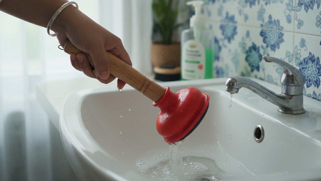 Plunger wastafel membantu melepaskan sumbatan ringan.