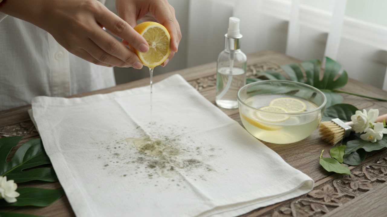 Air perasan lemon diaplikasikan pada noda jamur di baju.