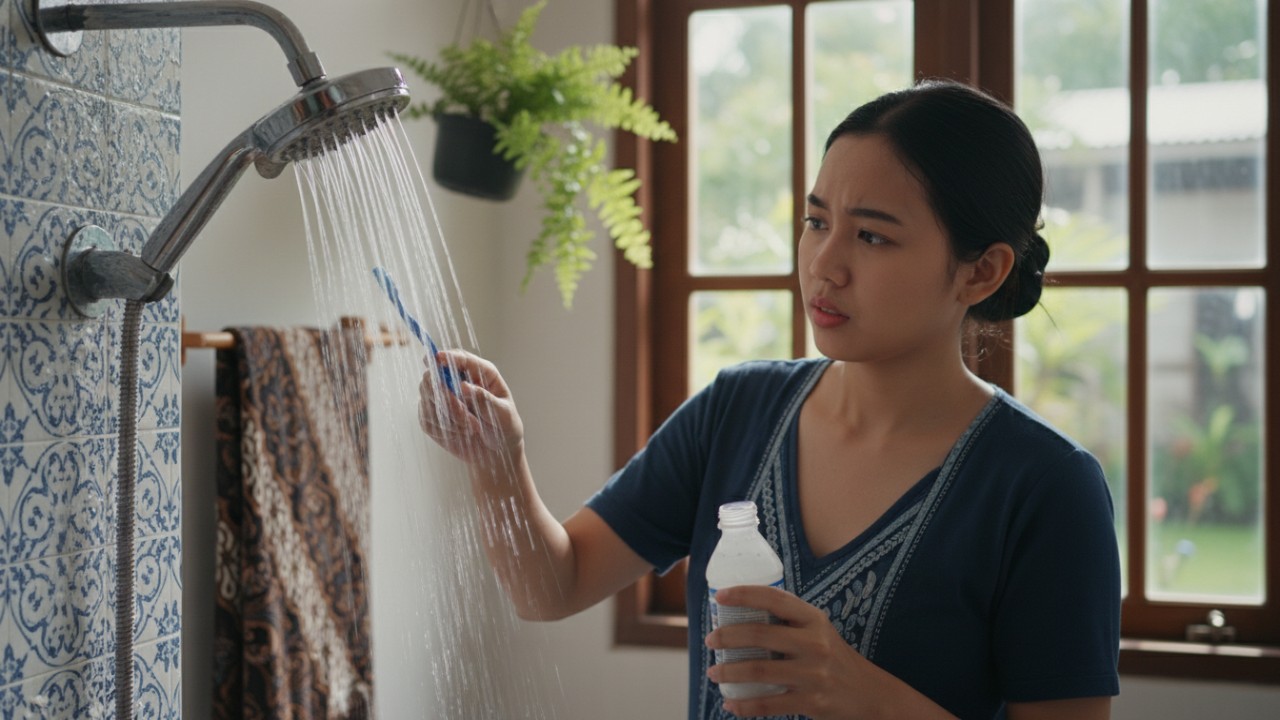 membersihkan lubang semprotan shower yang tersumbat