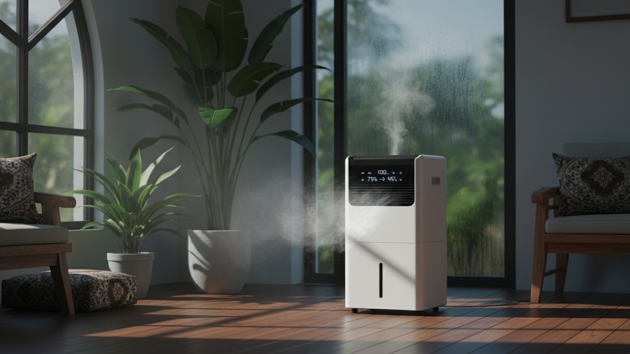 Dehumidifier bekerja menyerap kelembapan di ruang tertutup.