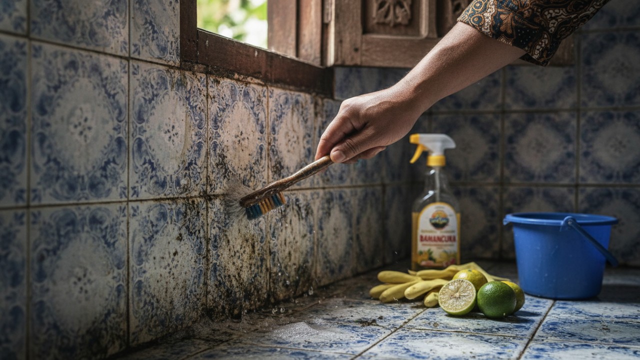 Proses penyikatan dinding kamar mandi