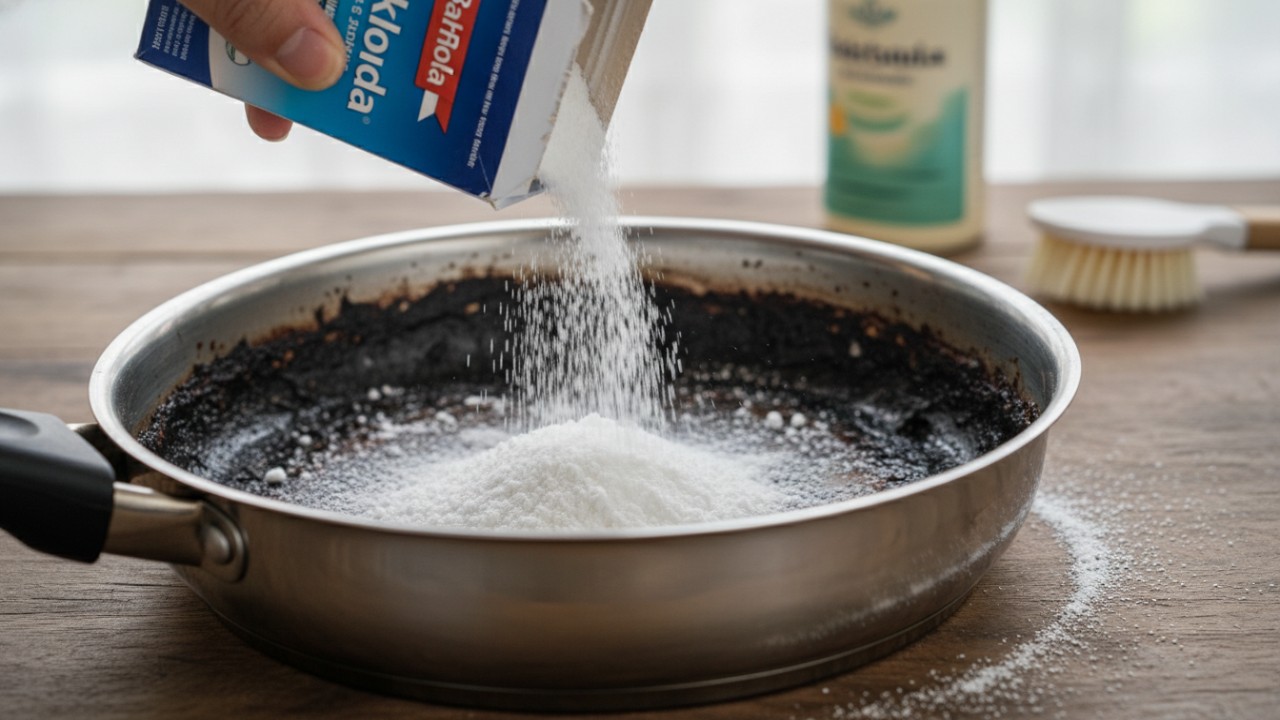 Baking soda ditaburkan pada panci gosong sebagai langkah awal pembersihan.