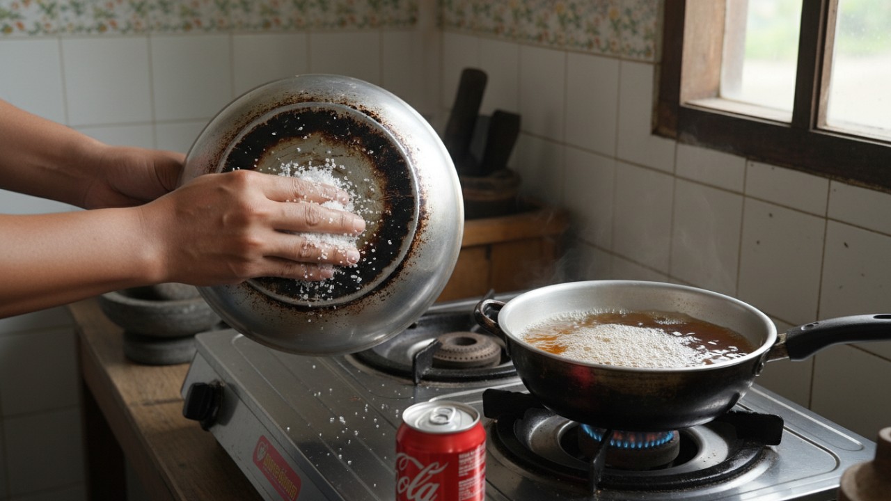 Garam kasar digunakan menggosok bagian dasar panci. Minuman berkarbonasi dipanaskan untuk melunakkan noda gosong.