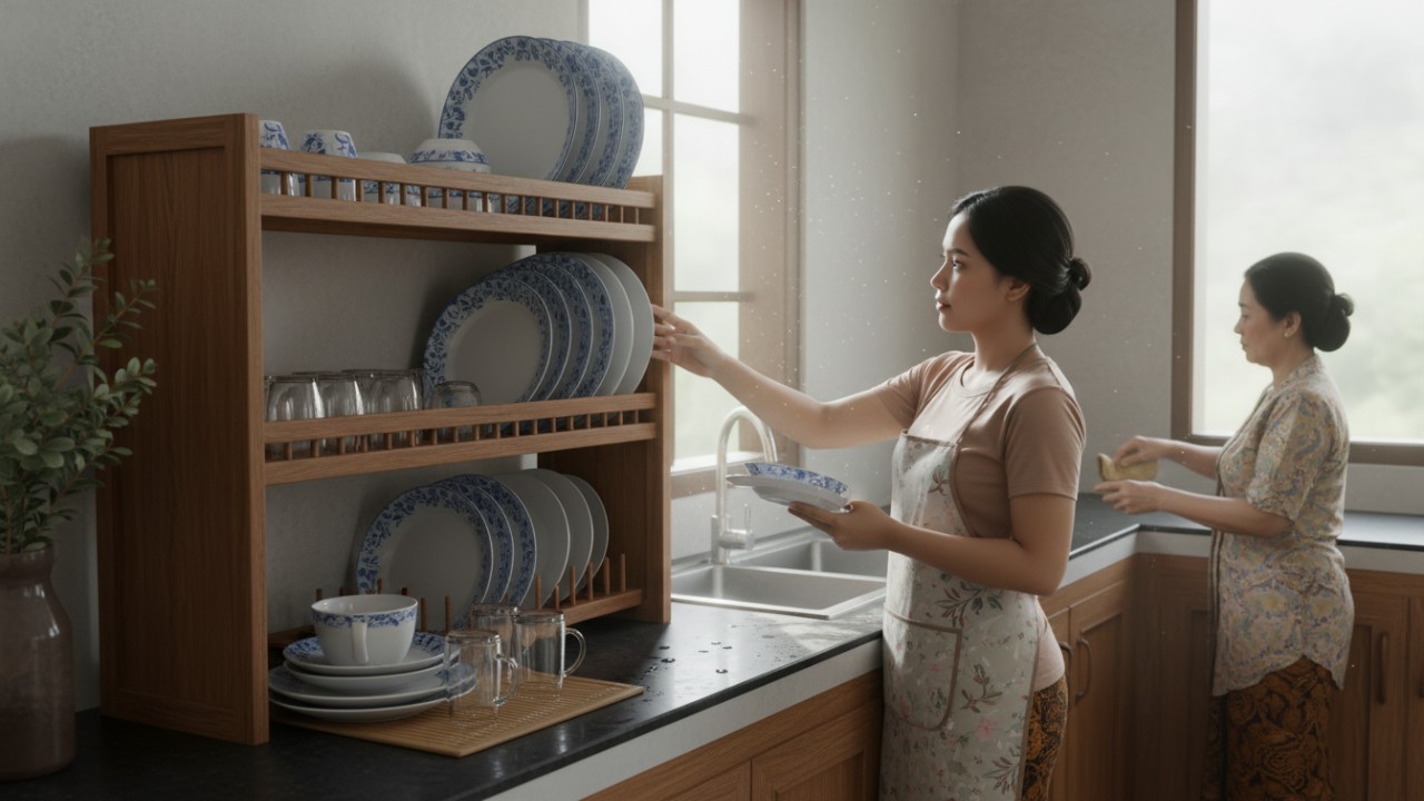 menjaga kebersihan rak piring