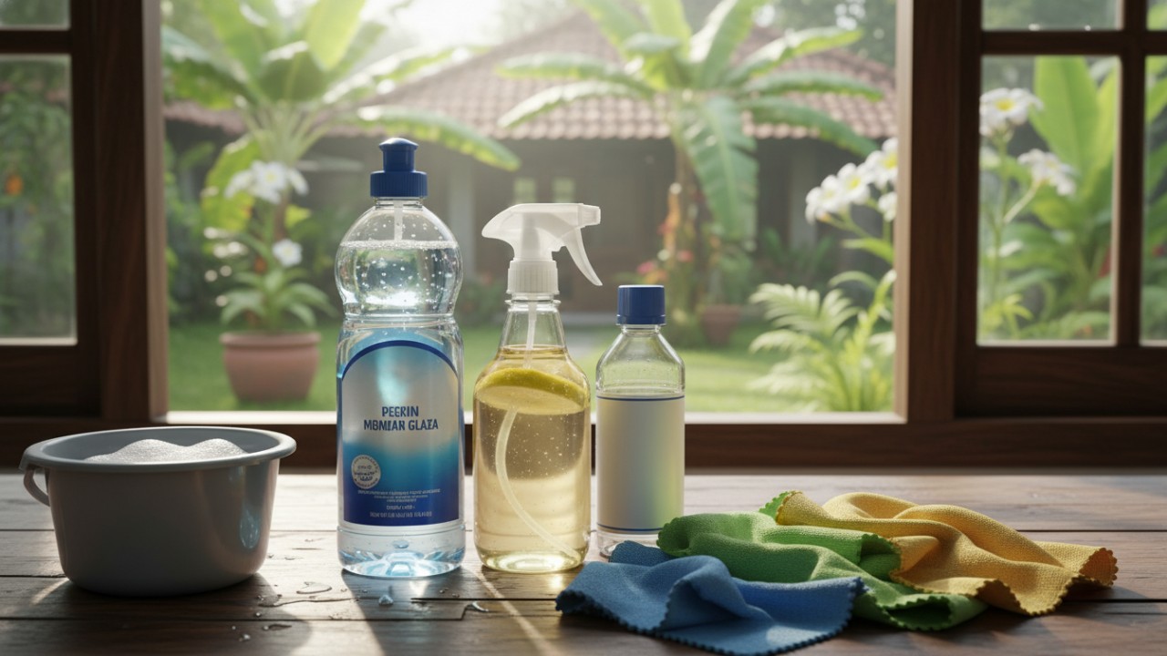 Cairan pembersih kaca dan ember air bersih