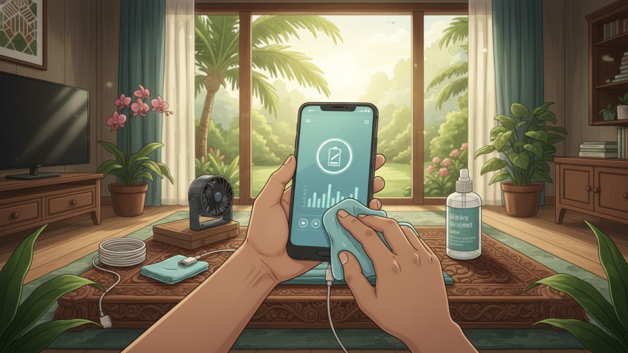 Ilustrasi HP yang dirawat dengan benar untuk menjaga baterai dan performa tetap stabil.