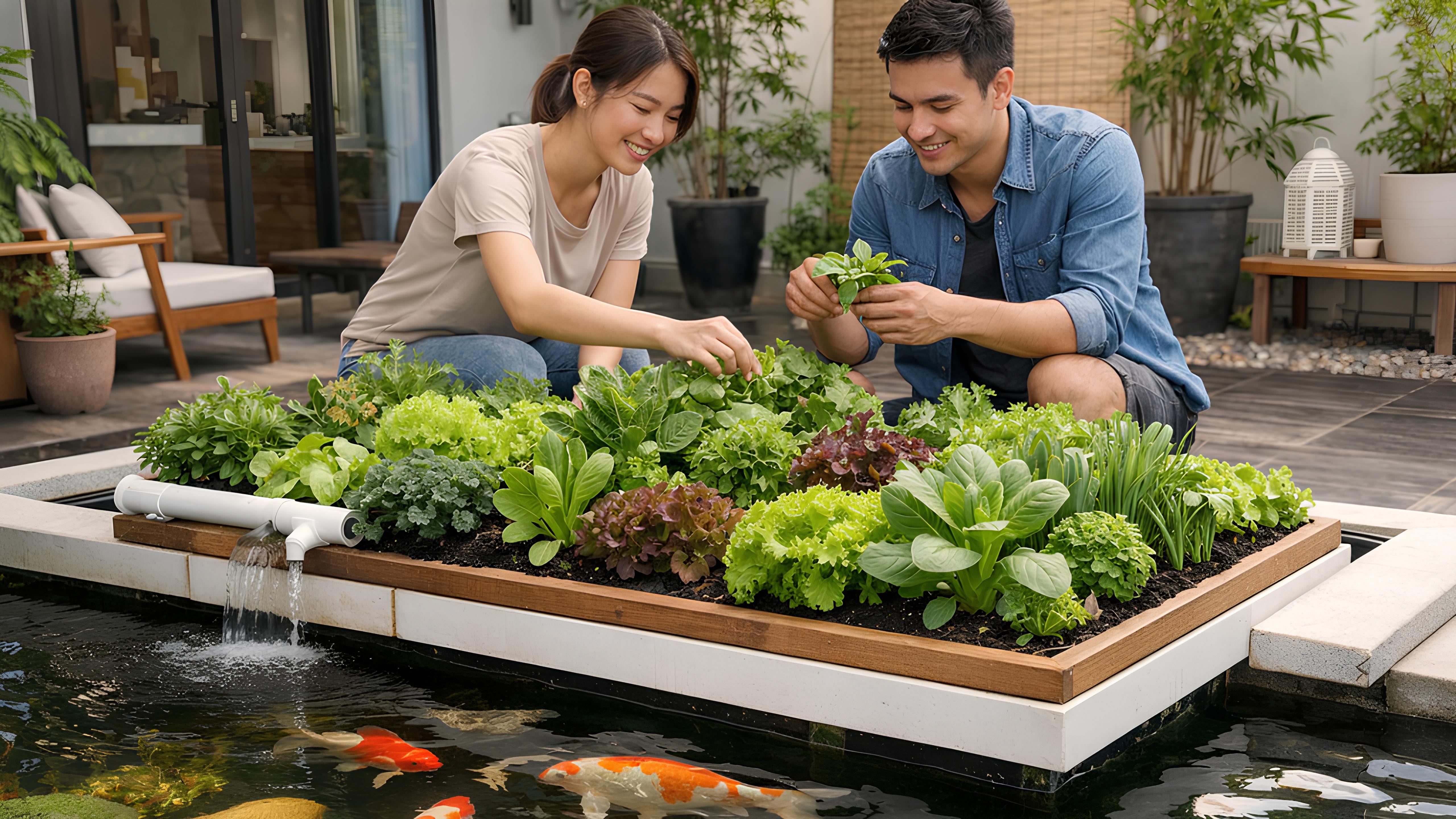 Kolam ikan akuaponik minimalis di rumah pasangan muda sebagai elemen tenang dan produktif.