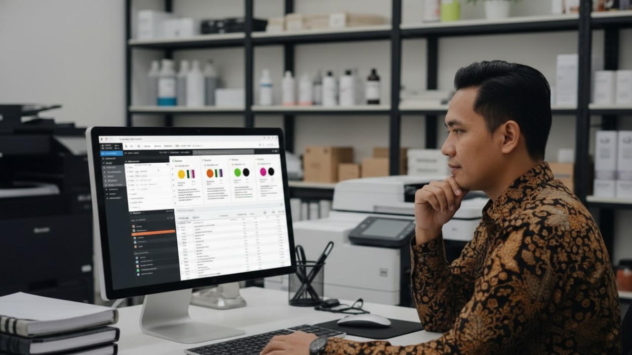 Ilustrasi workstation desain grafis dengan PC dan laptop performa tinggi untuk usaha percetakan.