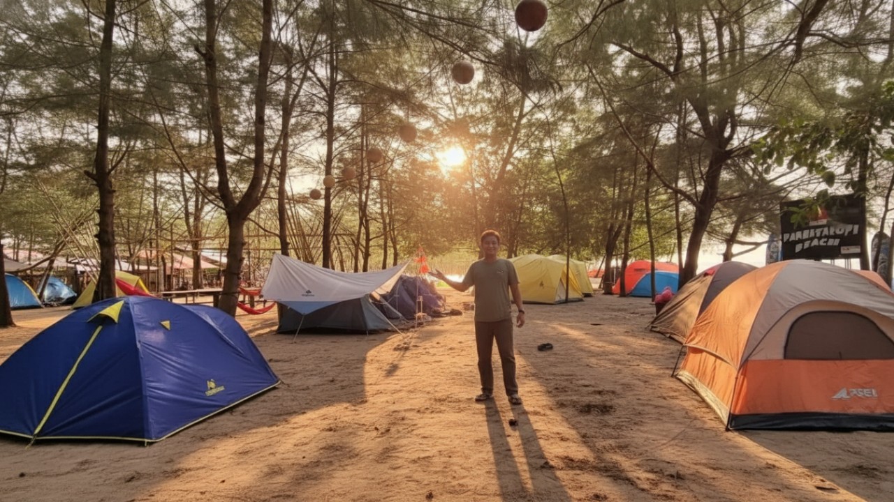 Panorama Pantai Panrita Lopi dengan pasir putih dan lorong cemara yang teduh.