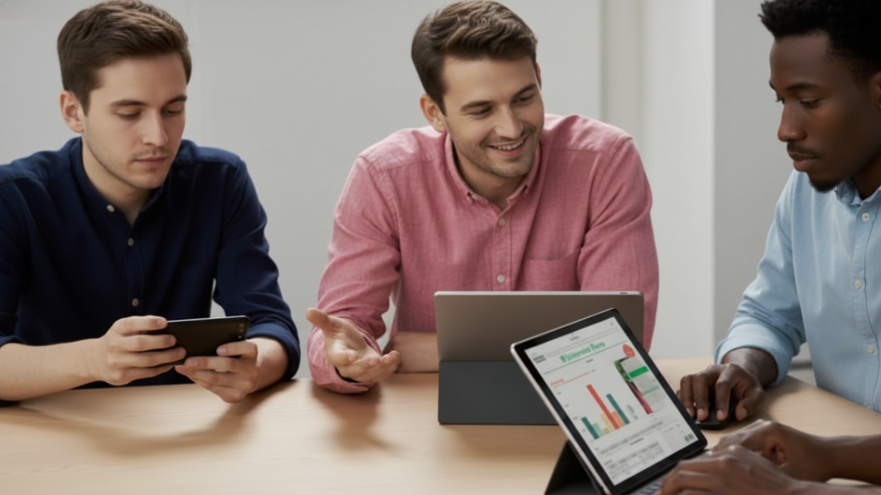 Gambar tablet kerja dengan layar terbagi dan stylus aktif mendukung aktivitas produktivitas kantor.