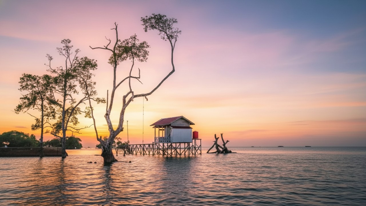 Pantai Kenyamukan dengan laut tenang dan dermaga kayu di Sangatta Utara.