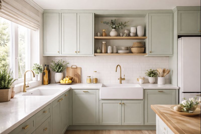 Lemari dapur minimalis warna pastel dengan pencahayaan alami yang estetik.