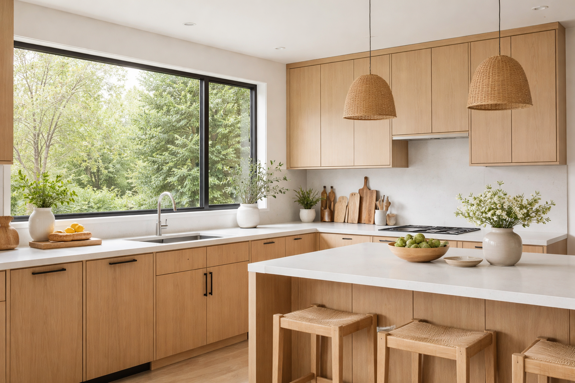 Lemari dapur minimalis bernuansa natural dengan jendela panjang dan cahaya alami.