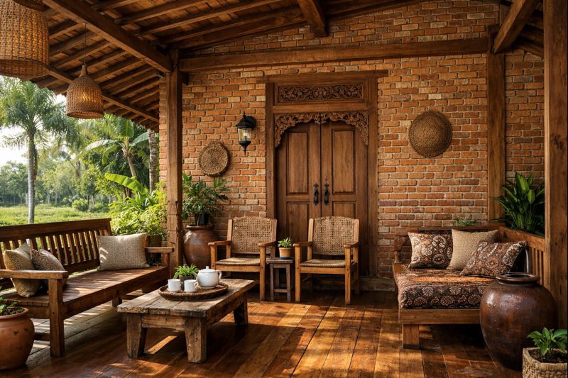 Teras rumah kampung dengan Material kayu dan bata ekspos memberi kesan adem alami.