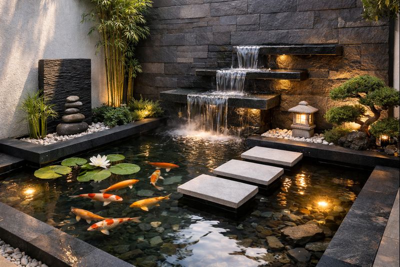 Kolam ikan minimalis feng shui 2026 dengan kombinasi air, ikan, dan cahaya yang seimbang.