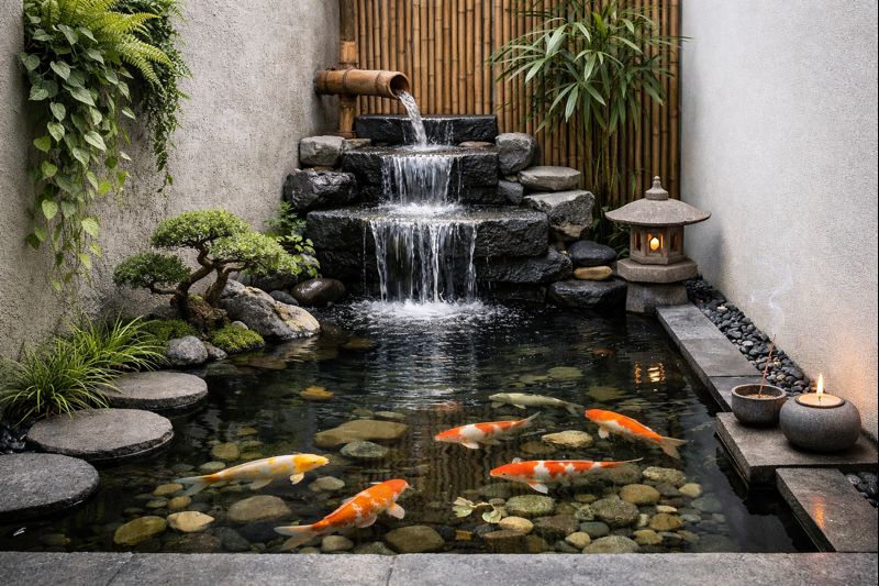 Suara air kolam ikan minimalis feng shui 2026 sebagai elemen ketenangan mental.