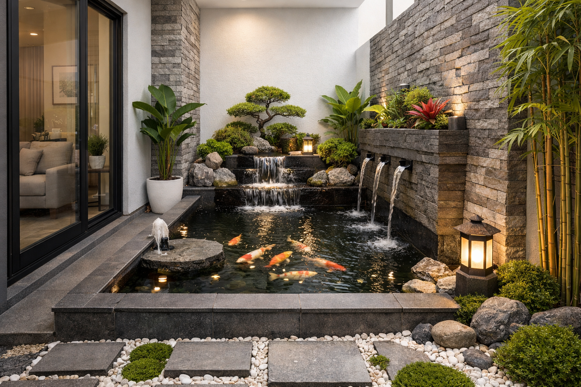Penempatan kolam ikan minimalis feng shui 2026 untuk rumah pertama.