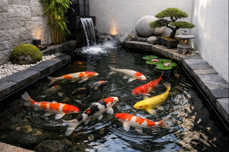 Gerak ikan di kolam ikan minimalis feng shui 2026 mencerminkan dinamika hidup.