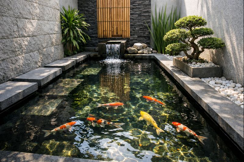 Pantulan cahaya alami di permukaan kolam ikan minimalis feng shui 2026.