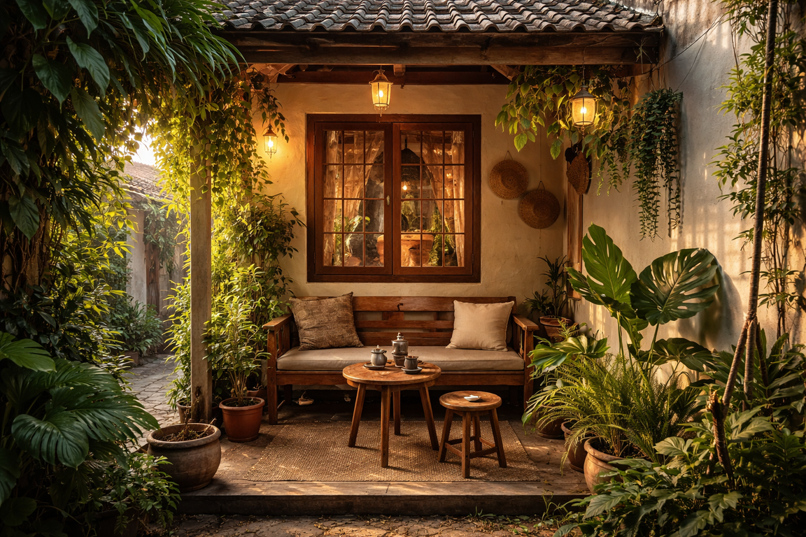 Teras rumah kampung kecil dengan bangku kayu dan tanaman hijau, menghadirkan ruang teduh untuk duduk sejenak menikmati angin sore dan cahaya hangat.